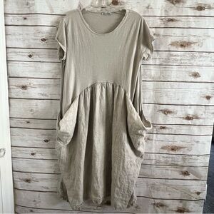 Lagenlook Beige Casual Dress with Pockets Made in Italy Medium